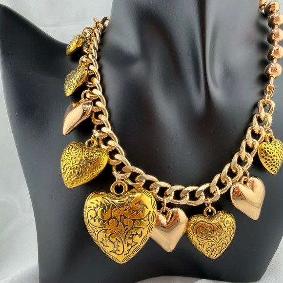 Gold Heart Charm Chain Necklace | Vintage Inspired Statement Jewelry - Picture 4 of 9
